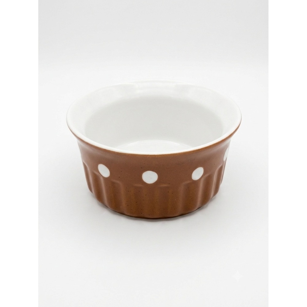 Savinio Designs Brown White Polka Dot Fluted Stoneware Ramekin Small Baking Bowl